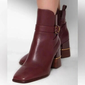Tory Burch Multi Logo Buckle Boot Ankle Booties Square Toe Claret Burgundy 10